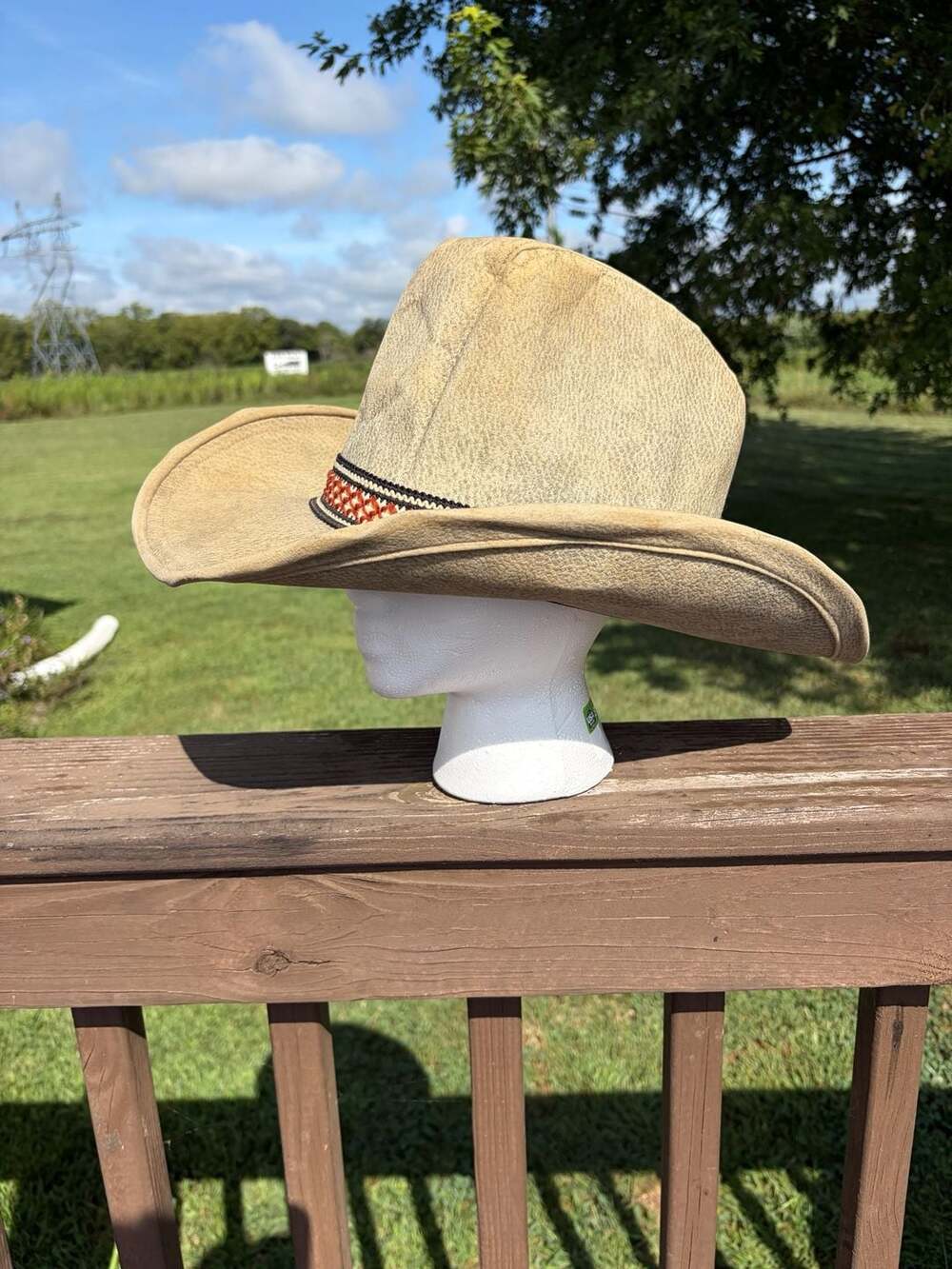 United Hatters Tan Suede Cowboy Hat with Embroidered Band, Size 6 3/4